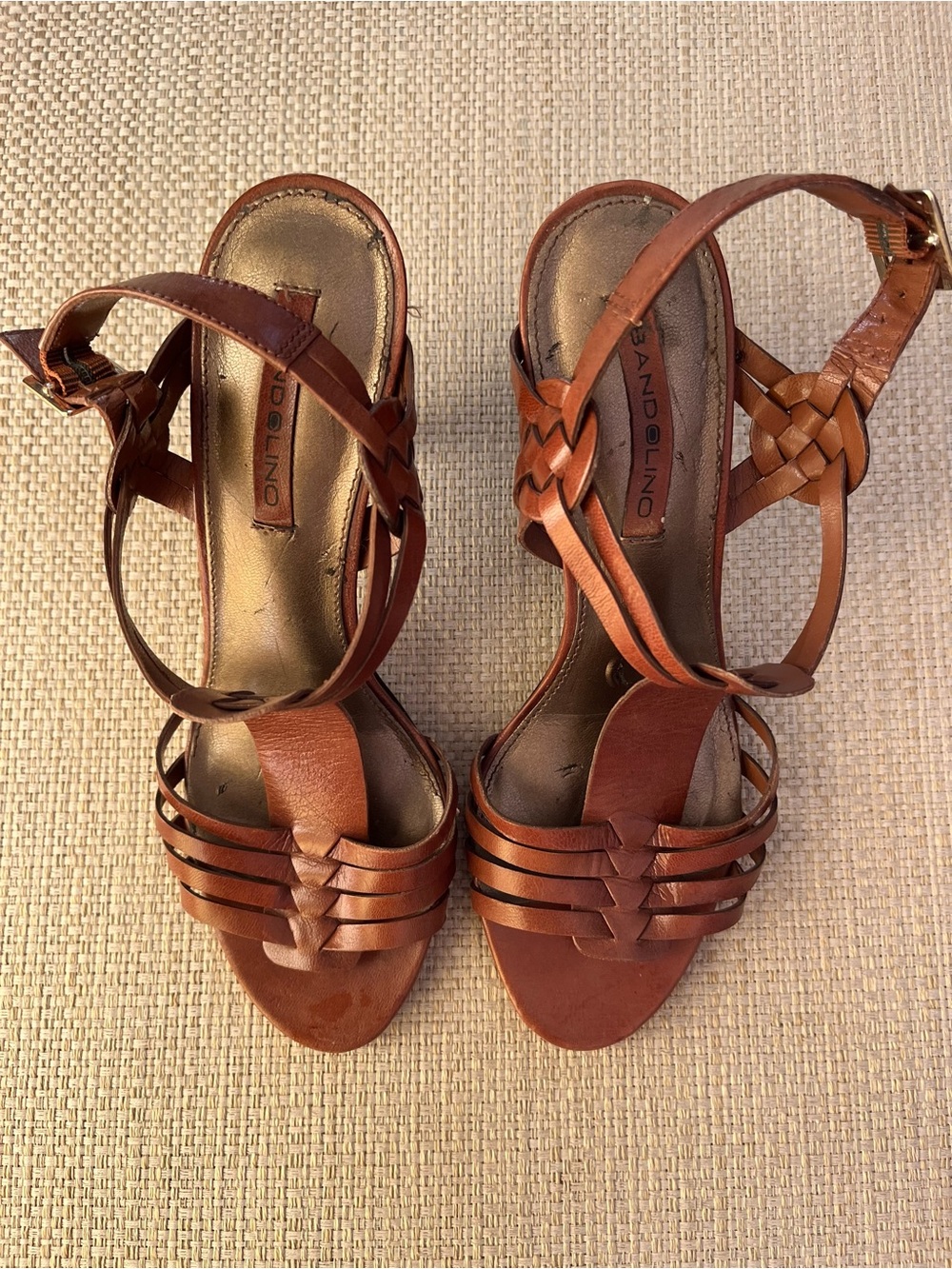 Bandolino Women's Brown Leather Woven-Strap Heeled Sandals